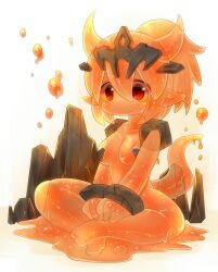  breasts colored_skin commentary_request core female heart horns indian_style lava mofuaki monster_girl orange_skin original pointy_ears ponytail red_eyes rock short_hair sitting slime_girl small_breasts smile solo tail tiara transparent 