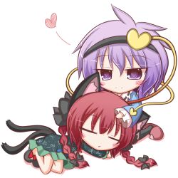  2girls animal_ears blush bow braid cat_ears cat_tail chibi closed_eyes commentary_request dress green_dress hairband hairbow heart highres kaenbyou_rin kneeling komakoma_(magicaltale) komeiji_satori lying multiple_girls multiple_tails on_side purple_eyes purple_hair red_hair short_hair simple_background sleeping smile tail touhou twin_braids white_background 