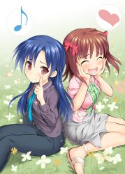  2girls :d ^_^ absurdres amami_haruka blue_hair blush brown_hair closed_eyes commentary_request denim hair_ribbon hands_on_own_cheeks hands_on_own_face highres idolmaster idolmaster_(classic) jeans kisaragi_chihaya long_hair multiple_girls necktie open_mouth pants red_eyes ribbon saliva sandals sitting skirt smile takasaka_donten 