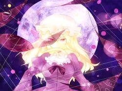  ajiriko bad_id bad_pixiv_id banned_artist blonde_hair full_moon gap hat long_hair maribel_hearn moon puffy_sleeves purple_eyes smirk solo touhou upper_body 