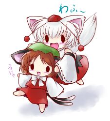  2girls animal_ears blush brown_hair cat_ears cat_tail chen chibi commentary_request detached_sleeves hat highres inubashiri_momiji multiple_girls multiple_tails open_mouth short_hair simple_background smile solid_circle_eyes tail tokin_hat touhou white_background white_hair wolf_ears wolf_tail yume_shokunin 