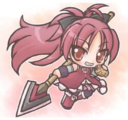  chibi commentary_request dress female food grin holding long_hair lowres mahou_shoujo_madoka_magica mahou_shoujo_madoka_magica_(anime) onmitsu_doushin_a polearm polearm_behind_back red_eyes red_hair sakura_kyoko sakura_kyoko_(magical_girl) side_ponytail smile solo spear taiyaki wagashi weapon 