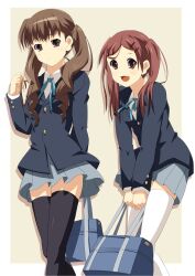  2girls :d bag black_legwear brown_eyes brown_hair commentary_request extra hair_ornament hairclip k-on! long_hair multiple_girls open_mouth red_hair ribbon saeki_mika sakuragaoka_high_school_uniform school_bag school_uniform shin&#039;ya_(nanp) skirt smile thighhighs twintails twirling_hair wakaouji_ichigo white_legwear zettai_ryouiki 