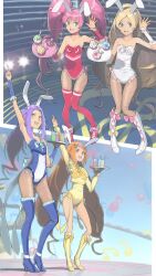  4girls adapted_costume akinbo_(hyouka_fuyou) animal_ears arm_up bad_id bad_pixiv_id bare_shoulders beamed_eighth_notes blonde_hair blue_footwear blue_leotard boots bow brown_hair choker cure_beat cure_melody cure_muse_(yellow) cure_rhythm eighth_note eyelashes fishnet_pantyhose fishnets glass heart highres houjou_hibiki knee_boots kurokawa_eren leotard long_hair minamino_kanade multiple_girls musical_note pantyhose photoshop_(medium) pink_choker pink_hair pink_legwear pink_leotard pink_wrist_cuffs playboy_bunny precure purple_hair rabbit_ears seiren_(suite_precure) shirabe_ako suite_precure thighhighs twintails white_leotard wrist_cuffs yellow_bow yellow_leotard 