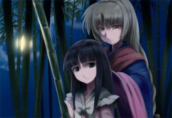  2girls bamboo bamboo_forest black_eyes black_hair bow braid capelet cloud commentary_request forest full_moon grey_eyes grey_hair houraisan_kaguya japanese_clothes kimono long_hair moon multiple_girls nature night sinzan sky star_(sky) touhou yagokoro_eirin 