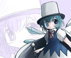  blue_eyes blue_hair cape cirno commentary_request female hat looking_at_viewer monocle photoshop_(medium) solo top_hat touhou yume_shokunin zoom_layer 