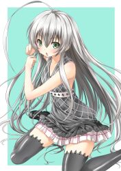  ahoge black_thighhighs blush clenched_hands commentary_request dress female green_eyes grey_hair haiyore!_nyaruko-san huge_ahoge long_hair nyarlathotep_(nyaruko-san) open_mouth sitting skirt solo takase_muh thighhighs wariza 