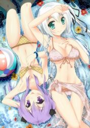  2girls absurdres bad_id bad_pixiv_id ball beachball bikini blush braid breasts cat_hair_ornament flower green_eyes hair_ornament highres long_hair lying mayuzumi_makiha medium_breasts multiple_girls navel original petals pink_sarong print_sarong purple_eyes purple_hair sarong see-through see-through_sarong side_ponytail silver_hair small_breasts smile swimsuit tongue tongue_out twin_braids twintails water 