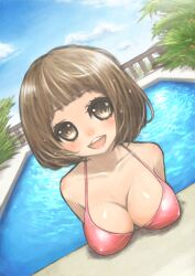  :d bad_id bad_pixiv_id bikini blush breast_rest breasts brown_eyes brown_hair cleavage cloud day dutch_angle female medium_breasts miyamae_porin open_mouth original outdoors pool poolside red_bikini short_hair sky smile solo swimsuit water 