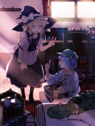  2girls :o alarm_clock analog_clock apron backpack bag bed blonde_hair blue_eyes blue_hair book bow braid candle chair clock commentary_request cucumber cup desk hair_bobbles hair_ornament hat hat_bow index_finger_raised indoors kawashiro_nitori key kirisame_marisa long_hair multiple_girls open_mouth ribbon short_hair single_braid sitting subachi teacup touhou two_side_up wainscoting waist_apron wrench yellow_eyes 