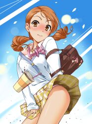  bag blush brown_eyes cardigan commentary_request drink female hojo_karen idolmaster idolmaster_cinderella_girls long_hair orange_hair photoshop_(medium) plaid plaid_skirt school_bag school_uniform skirt solo t-hiko twintails wind wind_lift 