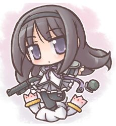  akemi_homura akemi_homura_(magical_girl) black_hair chibi commentary_request explosive female grenade gun hairband holding kyuubee long_hair lowres mahou_shoujo_madoka_magica mahou_shoujo_madoka_magica_(anime) onmitsu_doushin_a pantyhose purple_eyes shotgun skirt standing_on_another&#039;s_head weapon 