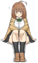  ? ahoge black_socks blazer bow bowtie breasts brown_eyes brown_hair commentary_request confused female full_body huge_breasts jacket komusou_(jinrikisha) ooba_minori original panties school_uniform shoes simple_background sitting socks solo underwear white_background white_panties 