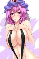  :3 akitsuki_karasu alternate_costume bare_shoulders blush breasts cleavage commentary_request curvy female groin hands_on_own_chest hat highres large_breasts looking_at_viewer navel pink_eyes pink_hair saigyouji_yuyuko short_hair slingshot_swimsuit smile solo swimsuit touhou upper_body 