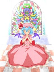  bat_wings blouse blue_hair blush buttons checkered_floor closed_eyes commentary_request female flower frills halo hands_on_own_chest hat hat_ribbon light own_hands_together remilia_scarlet ribbon seiza shirt short_sleeves sitting skirt smile solo stained_glass touhou umi_suzume wall window wings 