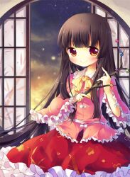  bad_id bad_pixiv_id branch brown_hair female holding houraisan_kaguya jeweled_branch_of_hourai long_hair pf photoshop_(medium) red_eyes round_window sitting skirt smile solo touhou window 