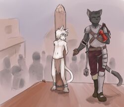  2011 age_difference anthro aogami armor big_dom_small_sub bound building chains clothing dominant duo_focus felid feline femboy group hi_res house mace male mammal melee_weapon paws size_difference slave tail weapon whip wood young young_anthro 