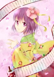  back commentary_request female flower green_kimono hair_flower hair_ornament hieda_no_akyuu highres japanese_clothes kimono purple_eyes purple_hair rikkunia scroll short_hair smile solo touhou 