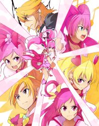  6+girls ayatori_(sensei_heroism) blonde_hair blue_eyes boots bow brooch brown_eyes choker commentary_request cure_black cure_bloom cure_blossom cure_dream cure_happy cure_melody cure_peach earrings fresh_precure! futari_wa_precure futari_wa_precure_splash_star hair_ornament hair_rings hanasaki_tsubomi happy_shower heart heart_brooch heart_hair_ornament heartcatch_precure! highres hoshizora_miyuki houjou_hibiki hyuuga_saki in-franchise_crossover jewelry knee_boots long_hair magical_girl misumi_nagisa momozono_love multiple_girls pink_bow pink_choker pink_eyes pink_hair pink_shorts pink_skirt precure shorts skirt smile_precure star_(symbol) suite_precure tiara twintails yes!_precure_5 yumehara_nozomi 