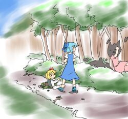  3girls ^_^ ^q^ animal_ears ankle_grab black_hair blonde_hair blue_hair bow cirno closed_eyes commentary_request darkness dress hairbow hihachi inaba_tewi multiple_girls pitfall pointing rabbit_ears rumia short_hair touhou umbrakinesis 