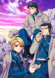  2boys amestris_military_uniform asano_akira black_hair cigarette coat dirty dirty_face female fullmetal_alchemist green_eyes gun jacket jacket_on_shoulders maes_hughes military military_uniform multiple_boys riza_hawkeye roy_mustang rubble short_hair sky smile uniform weapon 