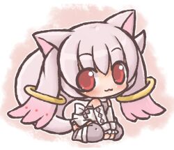  :3 animal_ears bare_shoulders chibi commentary detached_sleeves female kyuubee lowres mahou_shoujo_madoka_magica mahou_shoujo_madoka_magica_(anime) onmitsu_doushin_a personification pink_hair red_eyes sitting solo v_arms wariza 