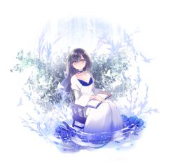  blue_flower blue_rose book breasts brown_eyes brown_hair chair cleavage commentary_request dress female flower long_hair looking_at_viewer original rocking_chair rose sitting small_breasts solo wemu_(ivycrown) white_dress 