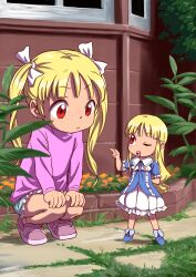  2girls :&lt; blonde_hair commentary_request dress freckles highres jkt_(sheltem) lolicon mini_person minigirl multiple_girls one_eye_closed original red_eyes ribbon shorts squatting twintails 