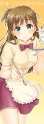  apron bow bowtie brown_hair carrying character_name commentary_request courreges_ace female food gradient_background green_eyes holding ice_cream idolmaster idolmaster_cinderella_girls long_hair looking_at_viewer makihara_shiho photoshop_(medium) ponytail shirt skirt smile solo spoon sundae tray waist_apron waitress 