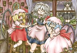  4girls apron arm_hug bat_wings black_hair black_socks black_wings blonde_hair blue_hair blush bow braid camera character_doll closed_eyes commentary_request curtains dress flandre_scarlet flower grey_hair hairbow hat hat_ribbon izayoi_sakuya kneehighs maid maid_headdress mirror multiple_girls oerba_yun_fang open_mouth painting_(object) red_eyes remilia_scarlet ribbon shameimaru_aya short_hair side_ponytail skirt smile socks stuffed_animal stuffed_toy sweatdrop teddy_bear tokin_hat touhou tree twin_braids vase waist_apron white_legwear window wings ys_(ytoskyoku-57) 