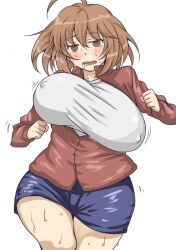  @_@ ahoge bouncing_breasts breasts brown_eyes brown_hair commentary_request female huge_breasts komusou_(jinrikisha) ooba_minori original saliva shorts simple_background sweat unaligned_breasts 