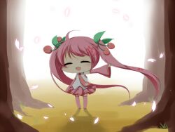  cherry chibi closed_eyes commentary_request detached_sleeves female food fruit hatsune_miku long_hair n39 necktie open_mouth outstretched_arm pink_hair sakura_miku skirt solo thighhighs tree twintails very_long_hair vocaloid 