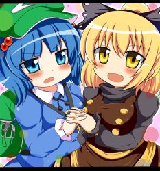  2girls backpack bad_id bad_pixiv_id bag blonde_hair blue_eyes blue_hair blush bow brown_dress dress hair_bobbles hair_ornament hairbow hat holding_hands interlocked_fingers kawashiro_nitori kurodani_yamame letterboxed motsu_(selshia12) multiple_girls open_mouth photoshop_(medium) shirt skirt skirt_set smile touhou two_side_up yellow_eyes 