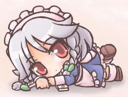  braid chibi commentary_request female grey_hair izayoi_sakuya looking_at_viewer lowres lying maid_headdress onmitsu_doushin_a red_eyes solo touhou twin_braids 