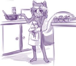  2012 anthro aogami apron barefoot biped bowl clothing container cupcake detailed_background feet food hair inside kitchen licking lisaskunk looking_at_viewer male mammal mephitid monochrome paws purple_and_white skunk solo tail tongue tongue_out young young_anthro young_male 