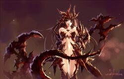  armor bare_shoulders breasts brown_eyes brown_hair chinese_commentary commentary_request demon_girl female gauntlets hand_on_own_hip horns long_hair medium_breasts navel one_eye_closed open_mouth original solo standing tail thigh_gap windforcelan 