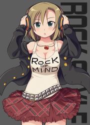  :o bad_id bad_pixiv_id belt blush breasts brown_hair cardigan cleavage clothes_writing female green_eyes headphones idolmaster idolmaster_cinderella_girls jewelry medium_breasts necklace plaid plaid_skirt serebi_ryousangata short_hair simple_background skirt solo tada_riina tank_top 