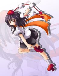  bad_id bad_pixiv_id black_hair blush female geta grey_socks hat highres leg_up looking_at_viewer orange_eyes orange_scarf pointing scarf shameimaru_aya shinjitsu short_hair skirt smile socks solo tengu-geta tokin_hat touhou 