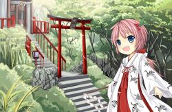  bad_id bad_pixiv_id bell bird blue_eyes blush chihaya_(clothing) crane_(animal) female forest gohei hair_bobbles hair_ornament hair_ribbon highres japanese_clothes lolicon miko nature open_mouth original outdoors pink_hair ponytail ribbon sakuraba_hikaru_(loveindog) sash shrine shrine_bell solo stairs torii 