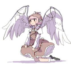  commentary_request female full_body hat hozumiare kneeling mystia_lorelei pink_hair short_hair solo touhou white_background wings 