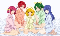  5girls aoki_reika barefoot bed_sheet blonde_hair blue_eyes blue_hair blush bottomless commentary_request eyelashes feet green_eyes green_hair green_shirt hairband highres hino_akane_(smile_precure!) hoshizora_miyuki kneeling long_hair looking_at_viewer midorikawa_nao multiple_girls naked_shirt open_mouth ponytail precure rainbow_order red_eyes red_hair shirt short_hair sitting sleeves_rolled_up smile smile_precure touryou wariza white_background white_hairband yayoi_kise yellow_eyes 