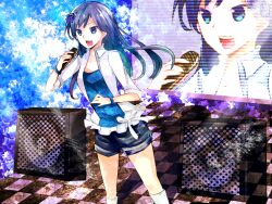  black_shorts blue_eyes blue_hair bracelet clow commentary_request female idolmaster idolmaster_(classic) jewelry kisaragi_chihaya long_hair md5_mismatch microphone open_mouth shorts sleeves_rolled_up solo speaker 