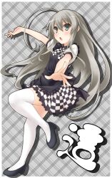  ahoge apron blush checkered_clothes checkered_skirt commentary_request female green_eyes grey_hair haiyore!_nyaruko-san huge_ahoge long_hair nyarlathotep_(nyaruko-san) open_mouth ryo_(botugo) skirt solo standing thighhighs very_long_hair white_thighhighs zettai_ryouiki 