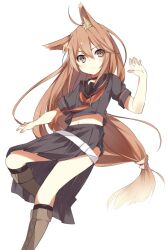  animal_ears boots brown_eyes brown_hair commentary_request female kemonomimi_mode koota_(rlet_loft) long_hair midriff navel ookami-san ookami_ryouko partial_commentary school_uniform serafuku side_slit simple_background solo white_background wolf_ears 