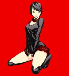  black_hair breasts brown_eyes choker commentary_request dress female full_body kazuma_kaneko_(style) kneeling long_sleeves looking_at_viewer medium_breasts millipen_(medium) miniskirt nib_pen_(medium) original red_background short_dress short_hair simple_background skirt sleeves_past_wrists solo sousou_(sousouworks) thighhighs thighs traditional_media 