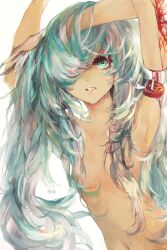  amputee aqua_eyes aqua_hair armpits arms_up blood bone commentary_request female flat_chest guro hair_censor hair_over_breasts hair_over_one_eye hatsune_miku juexing_(moemoe3345) long_hair looking_at_viewer messy_hair nail_polish navel photoshop_(medium) smile solo vocaloid 