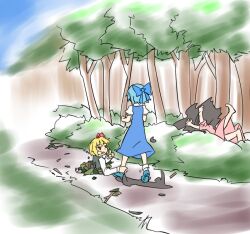  3girls ankle_grab blonde_hair blue_hair bow cirno commentary_request darkness dress falling hairbow hihachi inaba_tewi multiple_girls pitfall rumia short_hair touhou umbrakinesis 