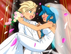  1boy arisa_gunhale asemu_asuno blonde_hair blue_hair braid carrying commentary_request confetti crown dress female flower gundam gundam_age karuta_(karuta01) light_rays princess_carry rose sunbeam sunlight veil wedding wedding_dress 