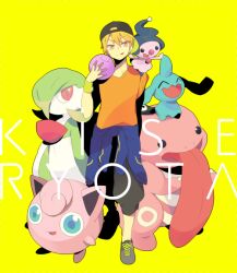  1boy azuma_seiji blonde_hair commentary_request ditto full_body gardevoir hat jigglypuff kise_ryouta kuroko_no_basuke lickitung looking_at_viewer male_focus mime_jr. pokemon pokemon_(creature) shoes short_hair smile sneakers wristband yellow_background yellow_eyes 