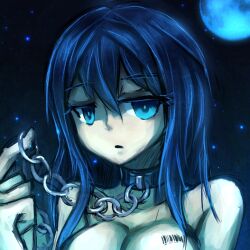  blue_eyes blue_hair breasts chains cleavage collar full_moon moon night samael samael_(5211) 